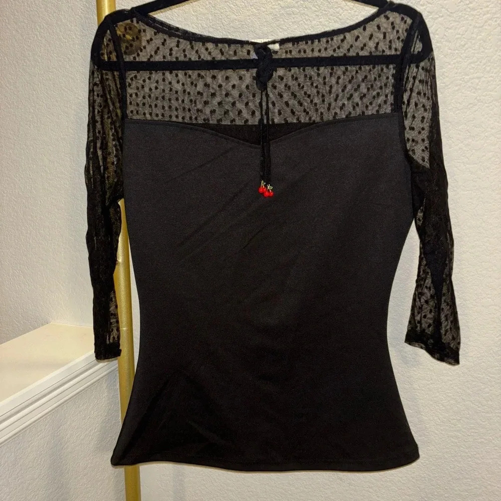 NWOT Unique Vintage Black Mesh Cherry Top - Picture 3 of 6